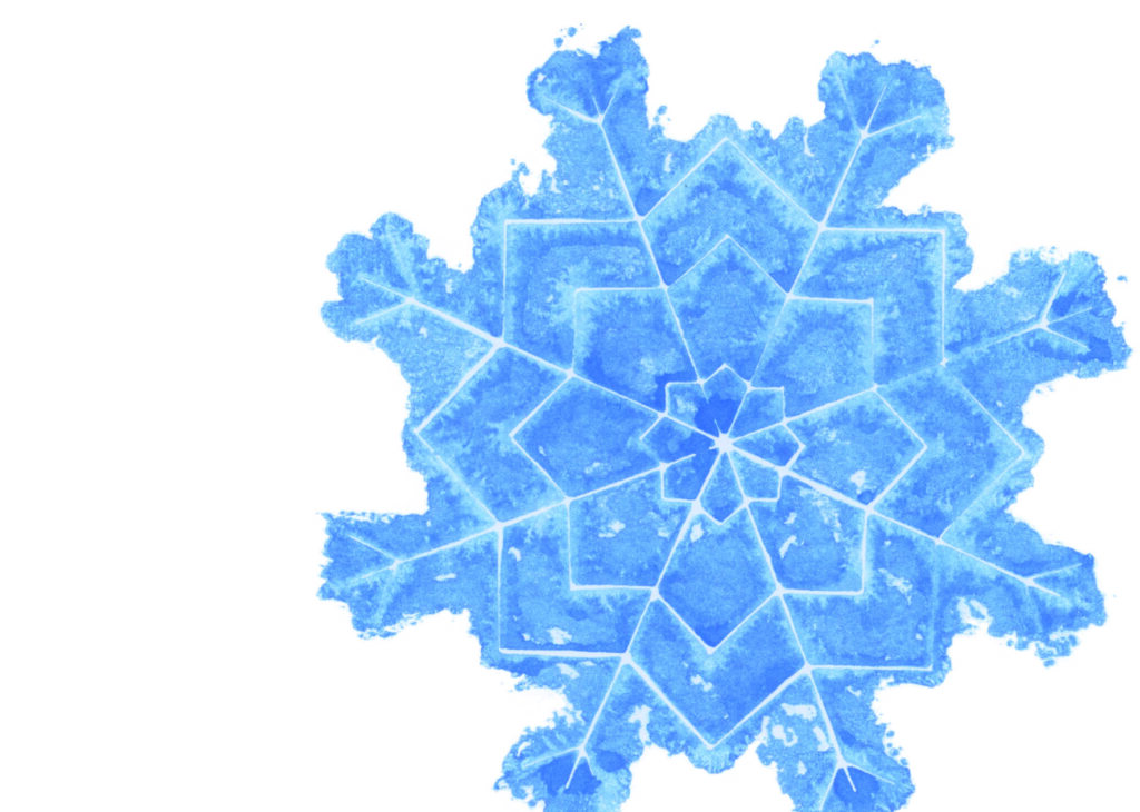 Postkarte mit der Monotypie einer Schneeflocke.